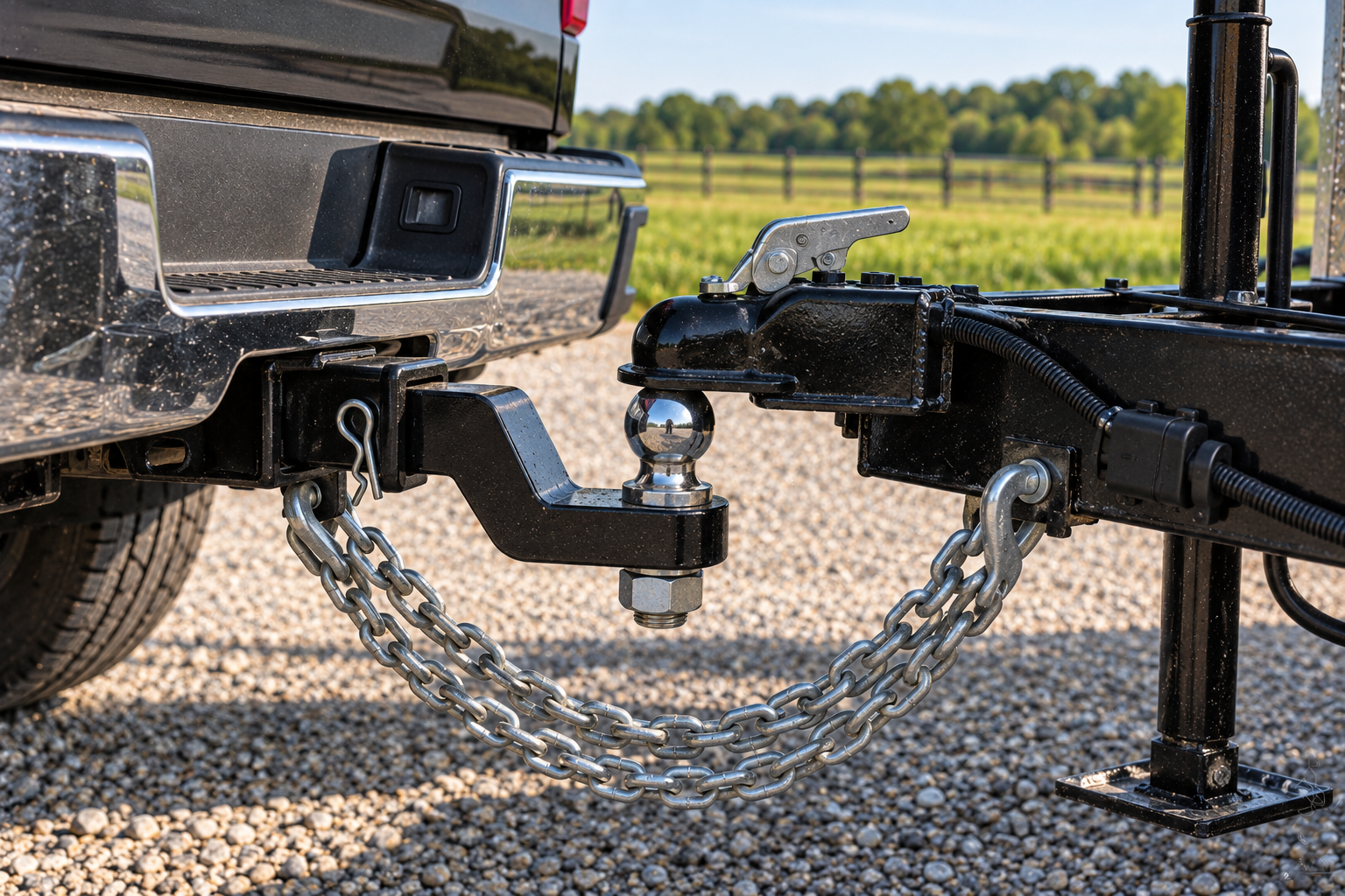 Pickup truck receiver hitch connected to a trailer coupler