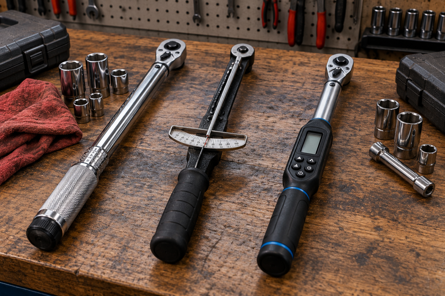 Click-type, beam-style and digital torque wrenches on a workbench
