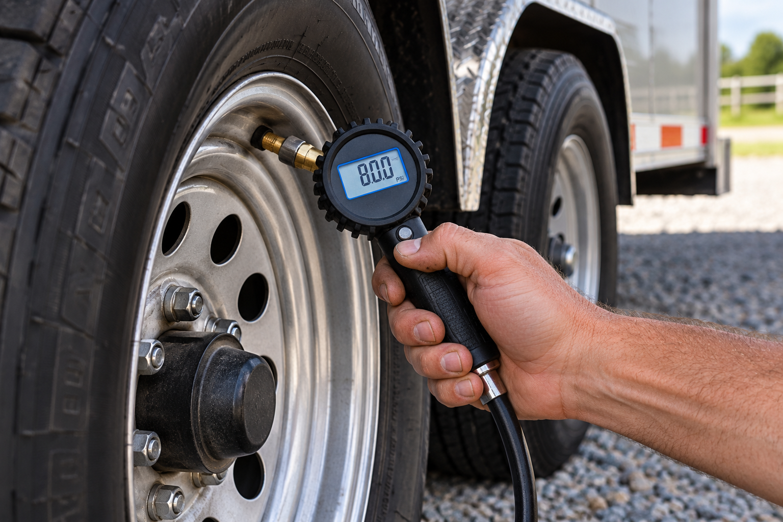 Checking trailer tire pressure with a digital tire pressure gauge