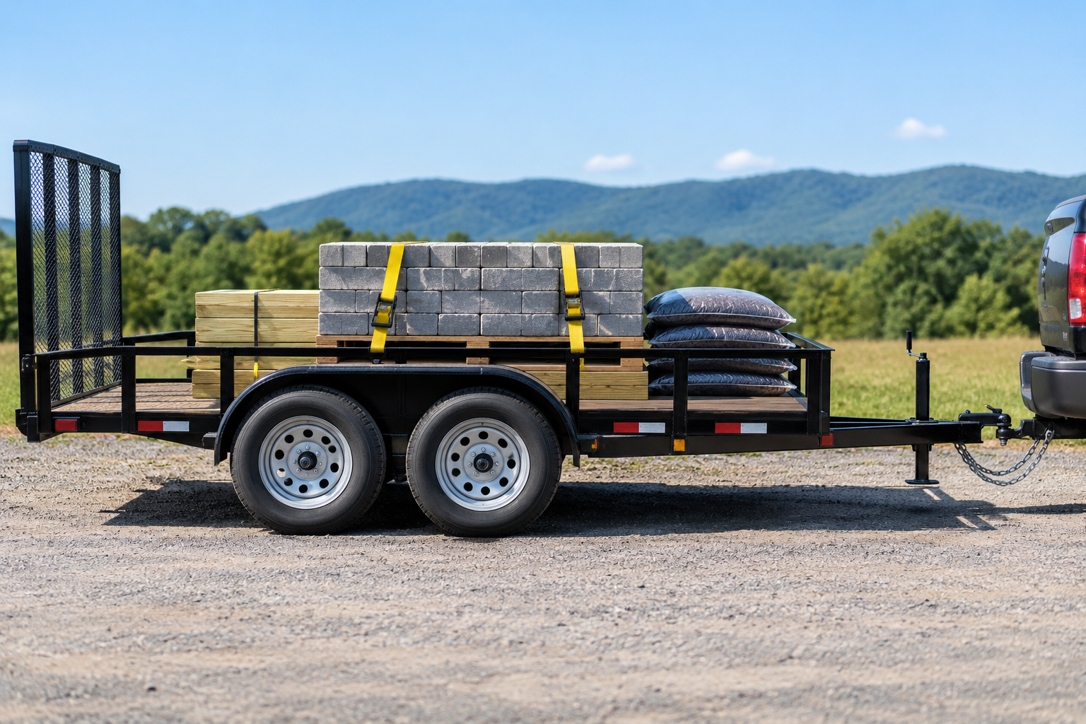Loaded utility trailer showing proper cargo placement for tongue weight