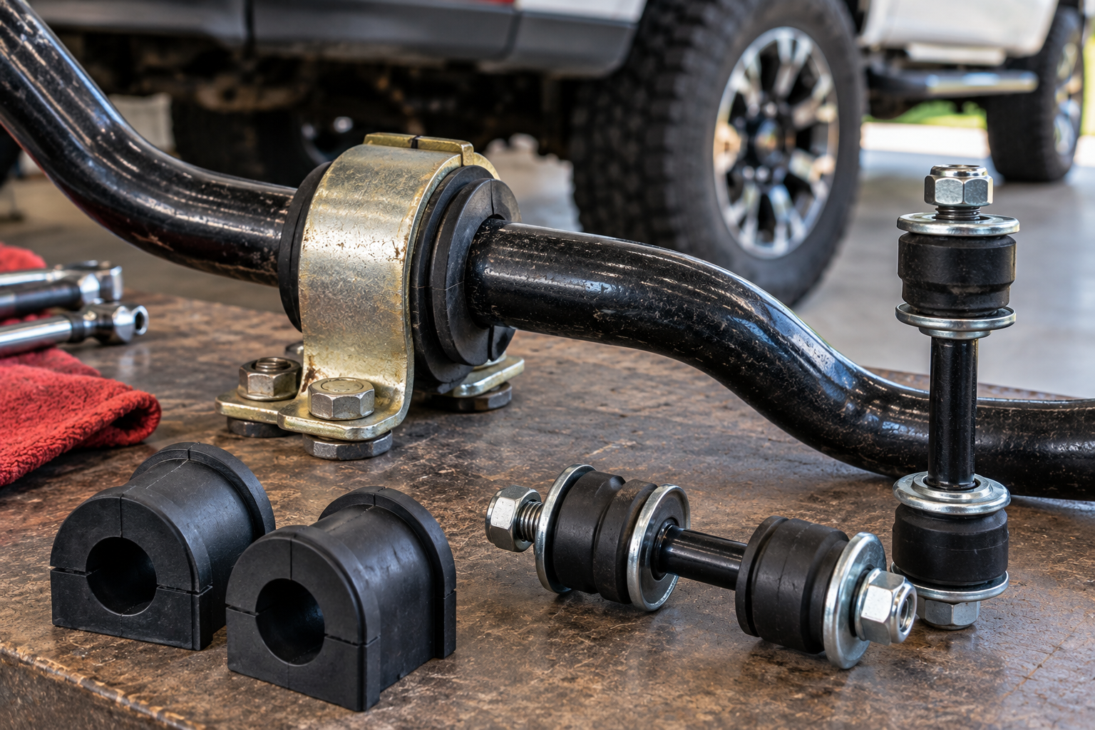 Sway bar bushings and end links on a workbench