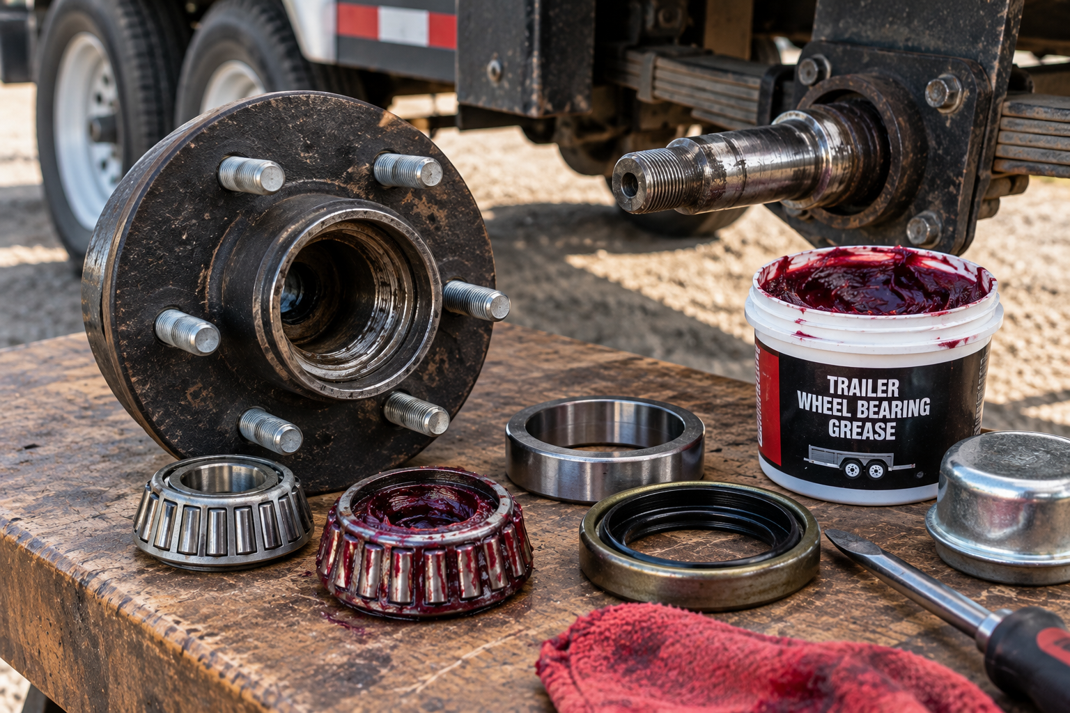 Trailer wheel hub, bearings, grease seal and bearing grease