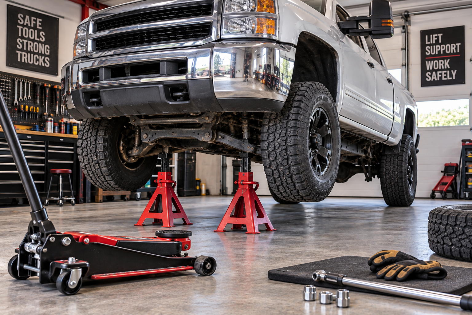 Heavy-duty pickup truck supported by jack stands with a floor jack nearby