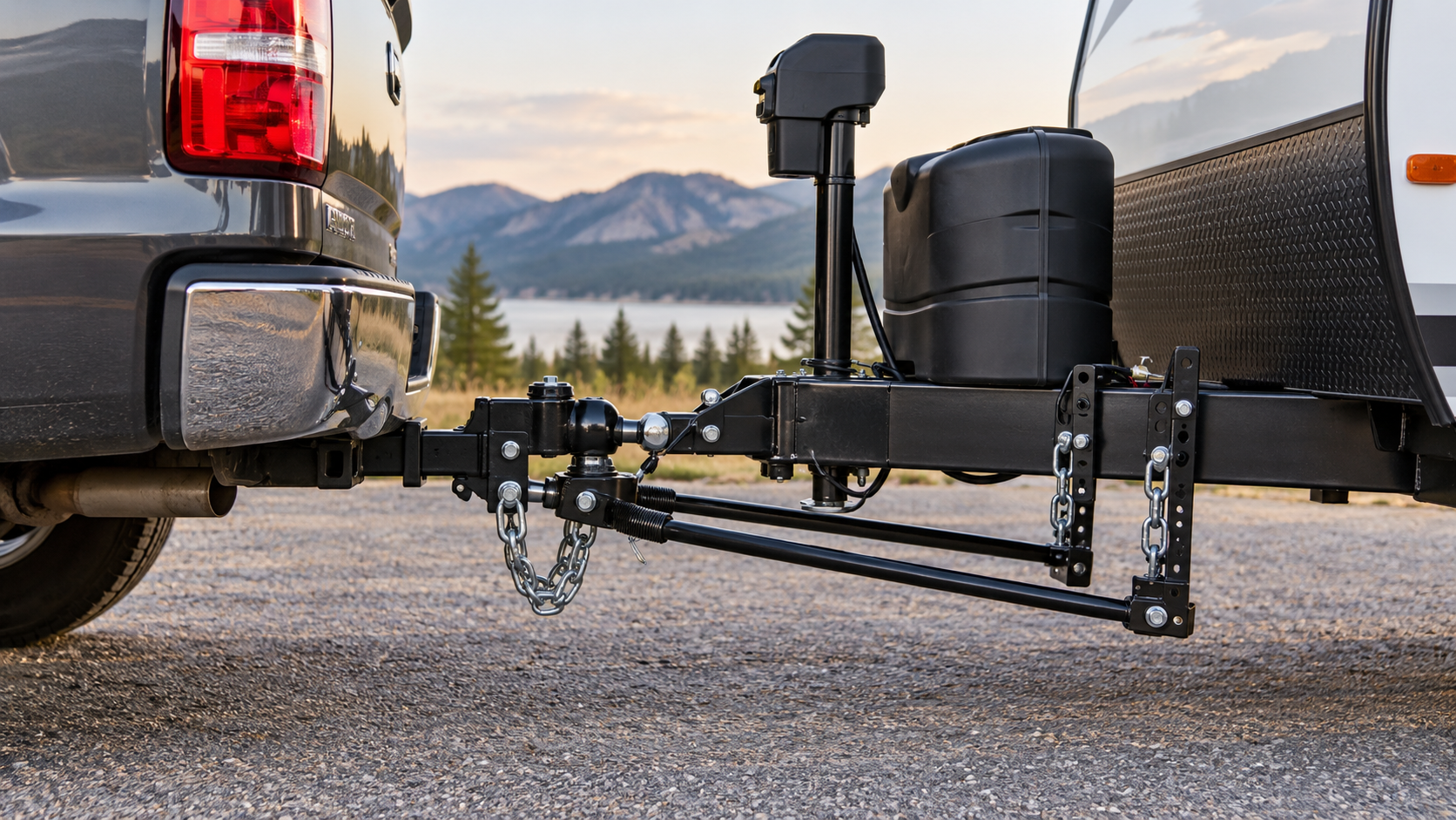 Weight distribution hitch with spring bars connecting a pickup truck and travel trailer